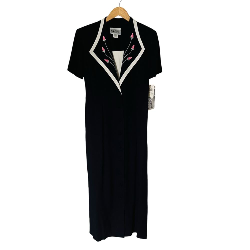 S.L Fashions Vintage Collared Button Down Maxi Dress Size 10 Petite NWT Navy